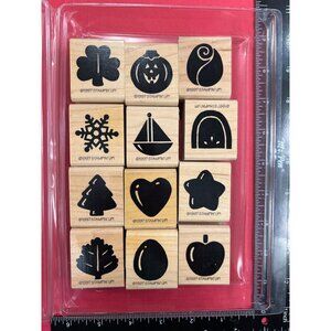 Vintage 1997 Stampin Up! Seasonal Solids Wood Mounted Rubber Stamp Set Of 12